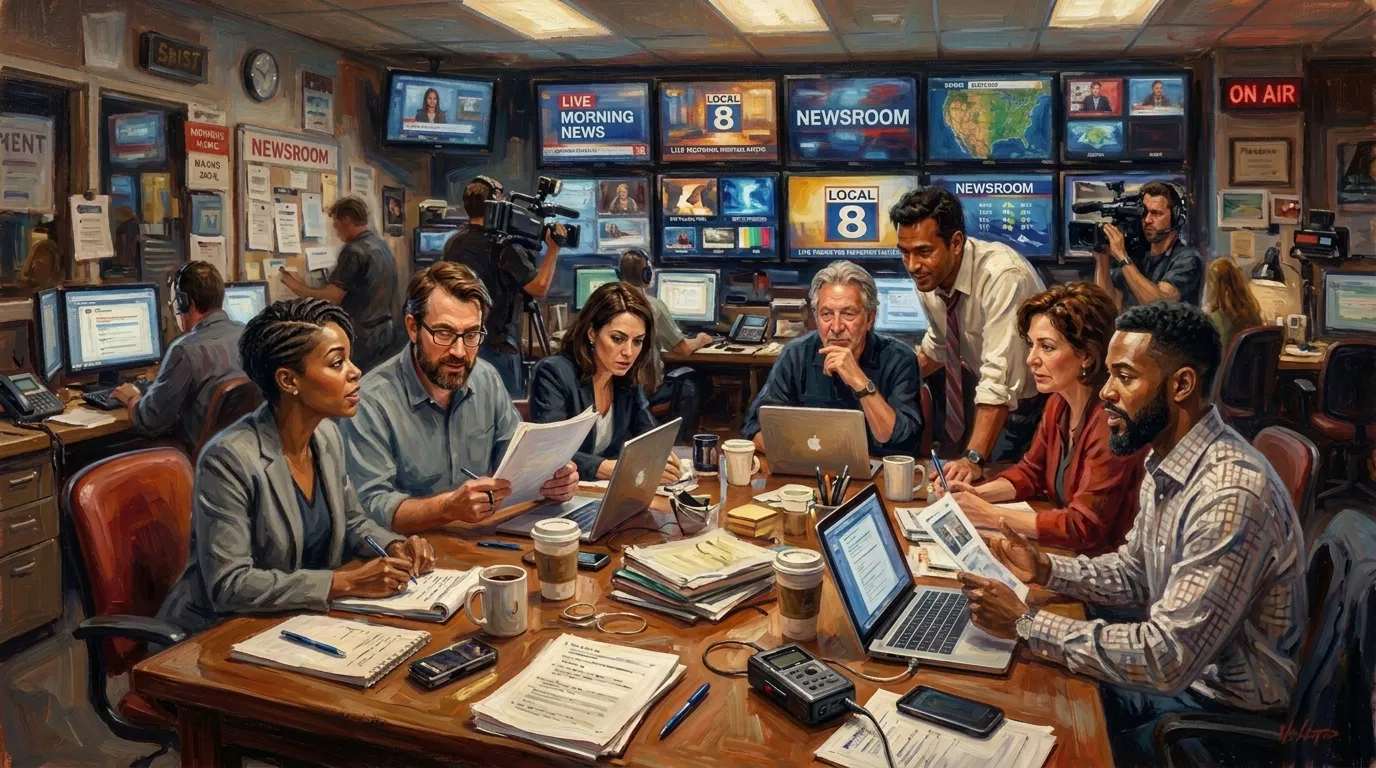 A busy morning TV newsroom